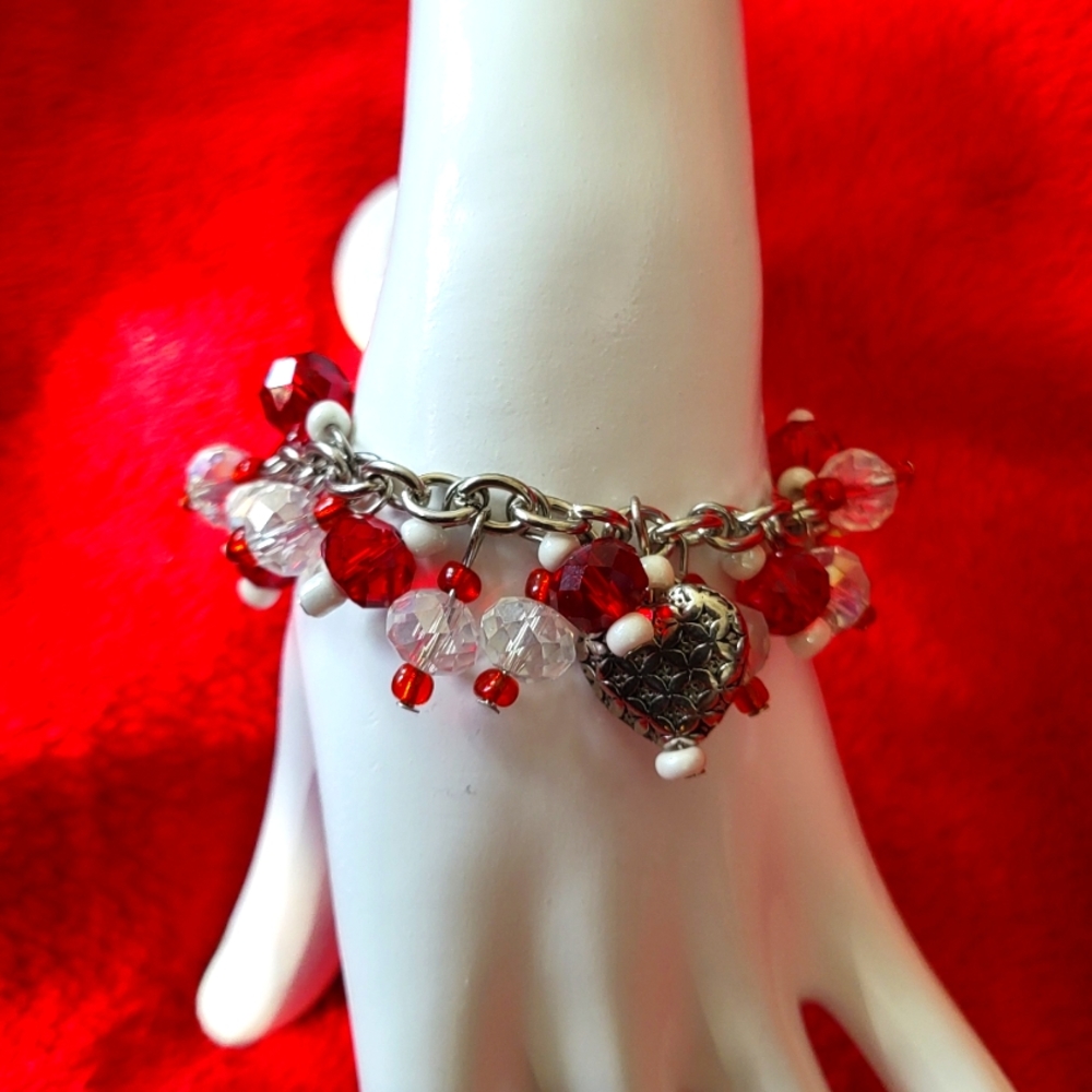 Pier 1 Red and White bead bracelet with silver plated etched heart.
